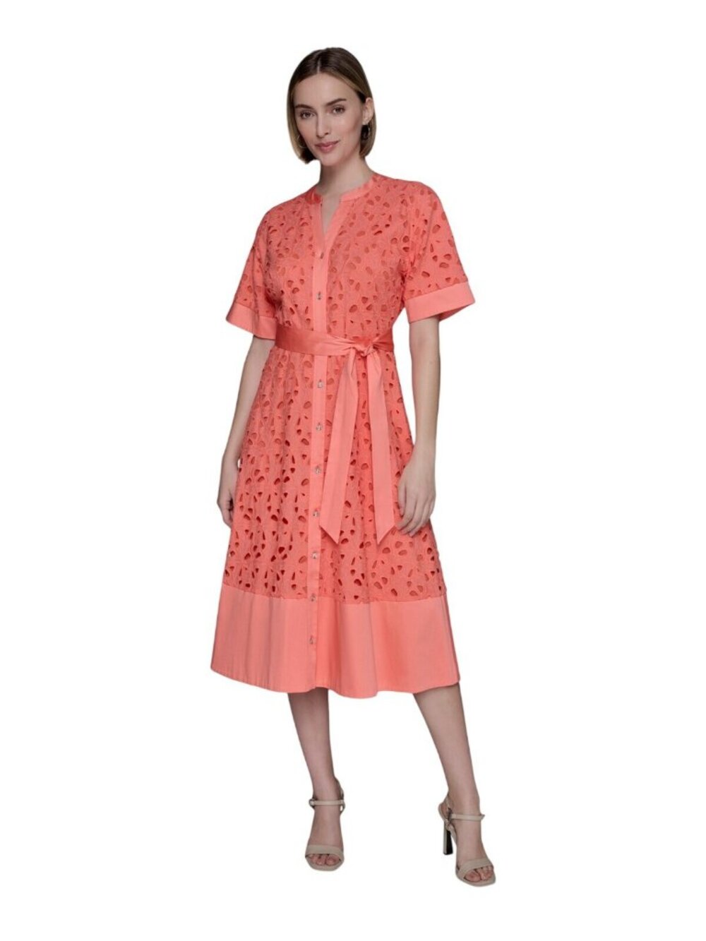 NWT Karl Lagerfeld Paris Cotton A-Line Shirtdress Belted Coral Orange Pink 16